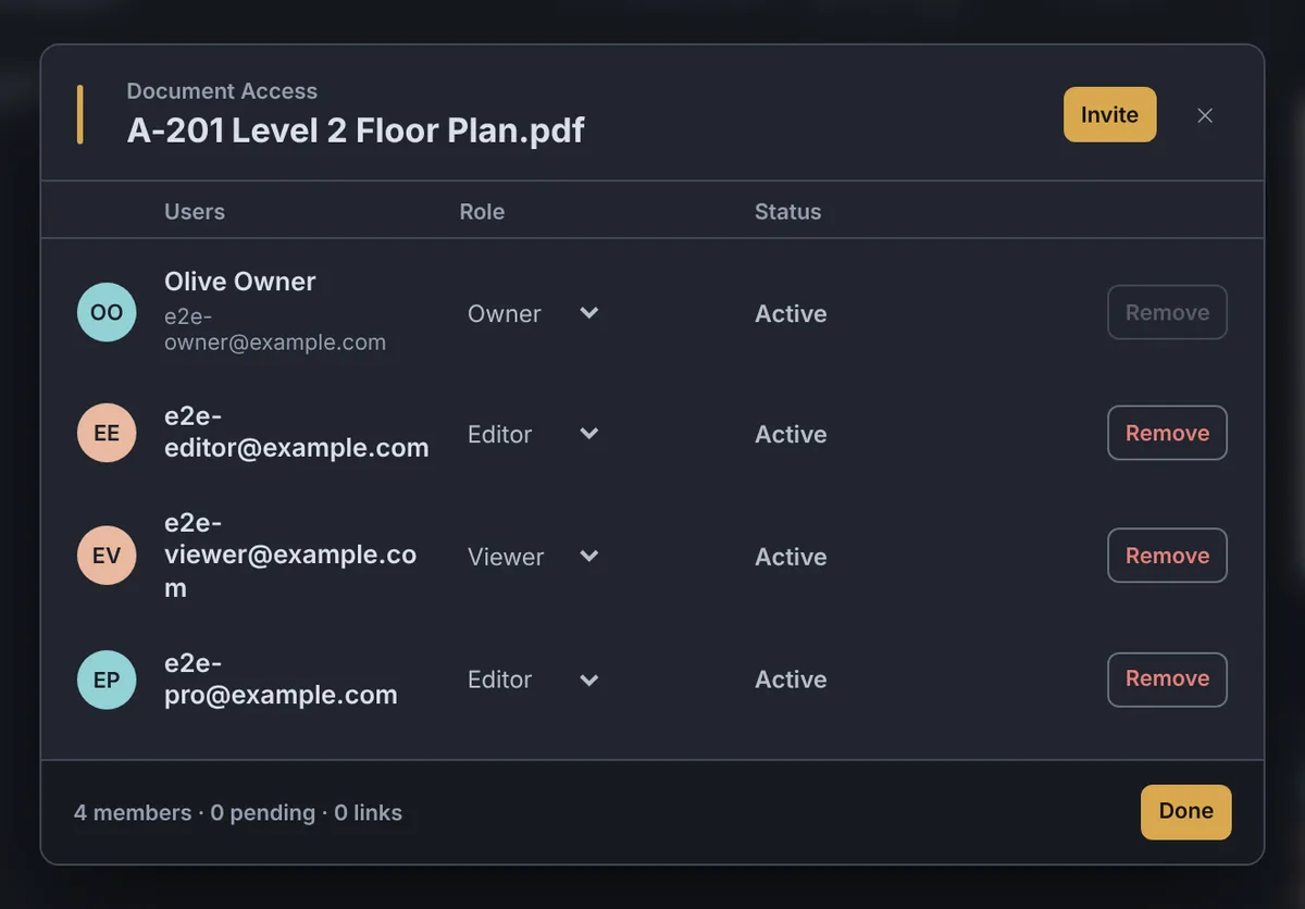 The Document Access dialog: an owner, two editors and a viewer on A-201 Level 2 Floor Plan.pdf, with an Invite button