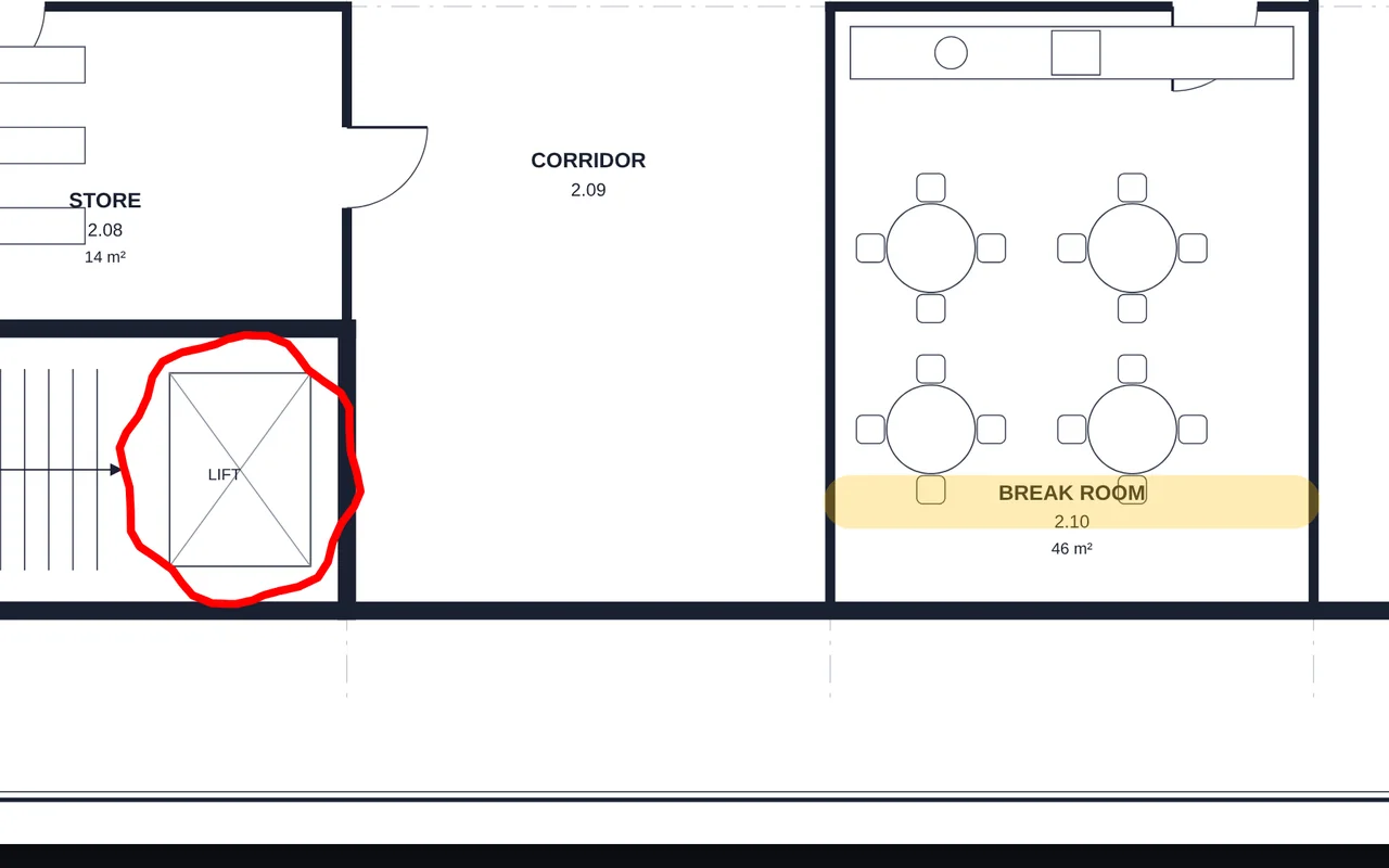 A pen circle drawn around the lift and the break room name highlighted on a floor plan