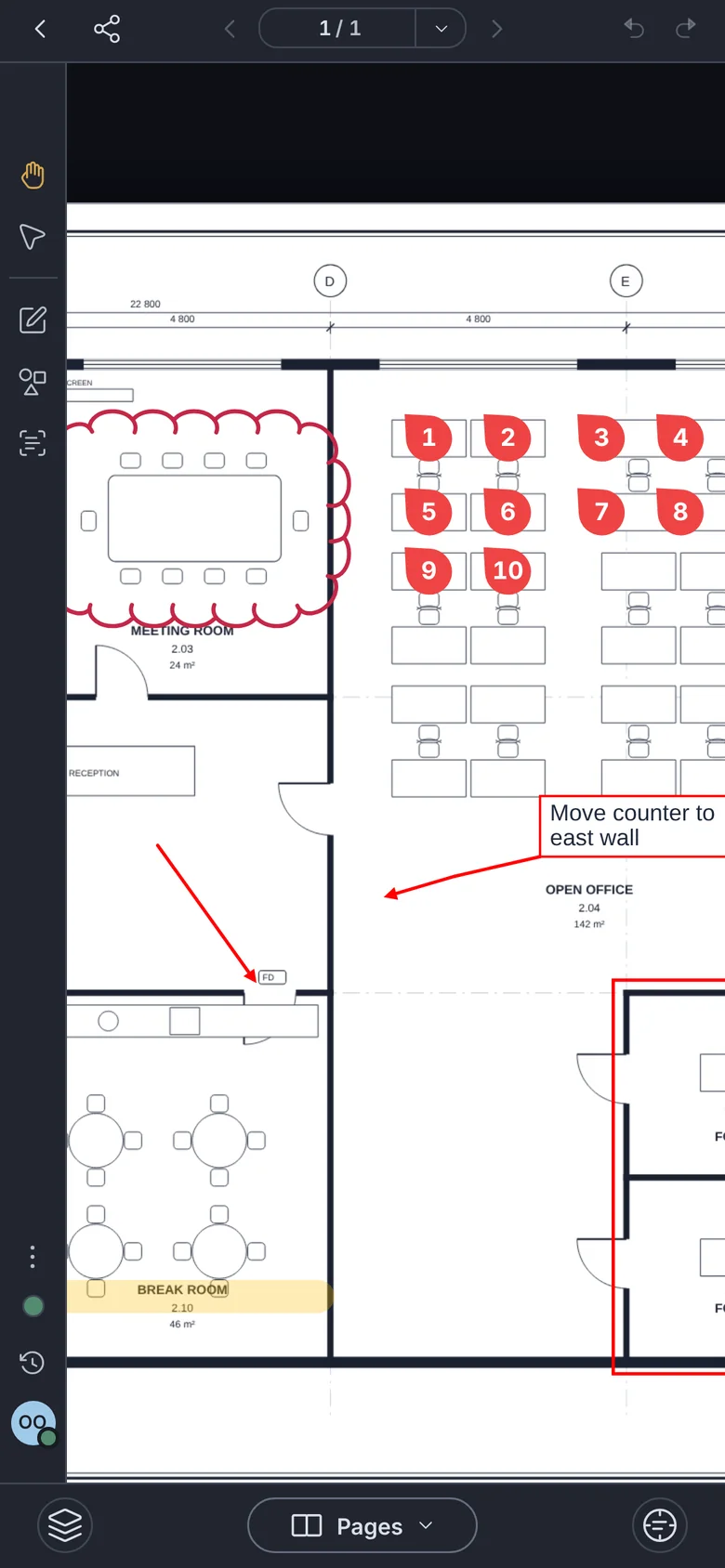 Survey on a phone, zoomed in on the open office with count markers and a callout