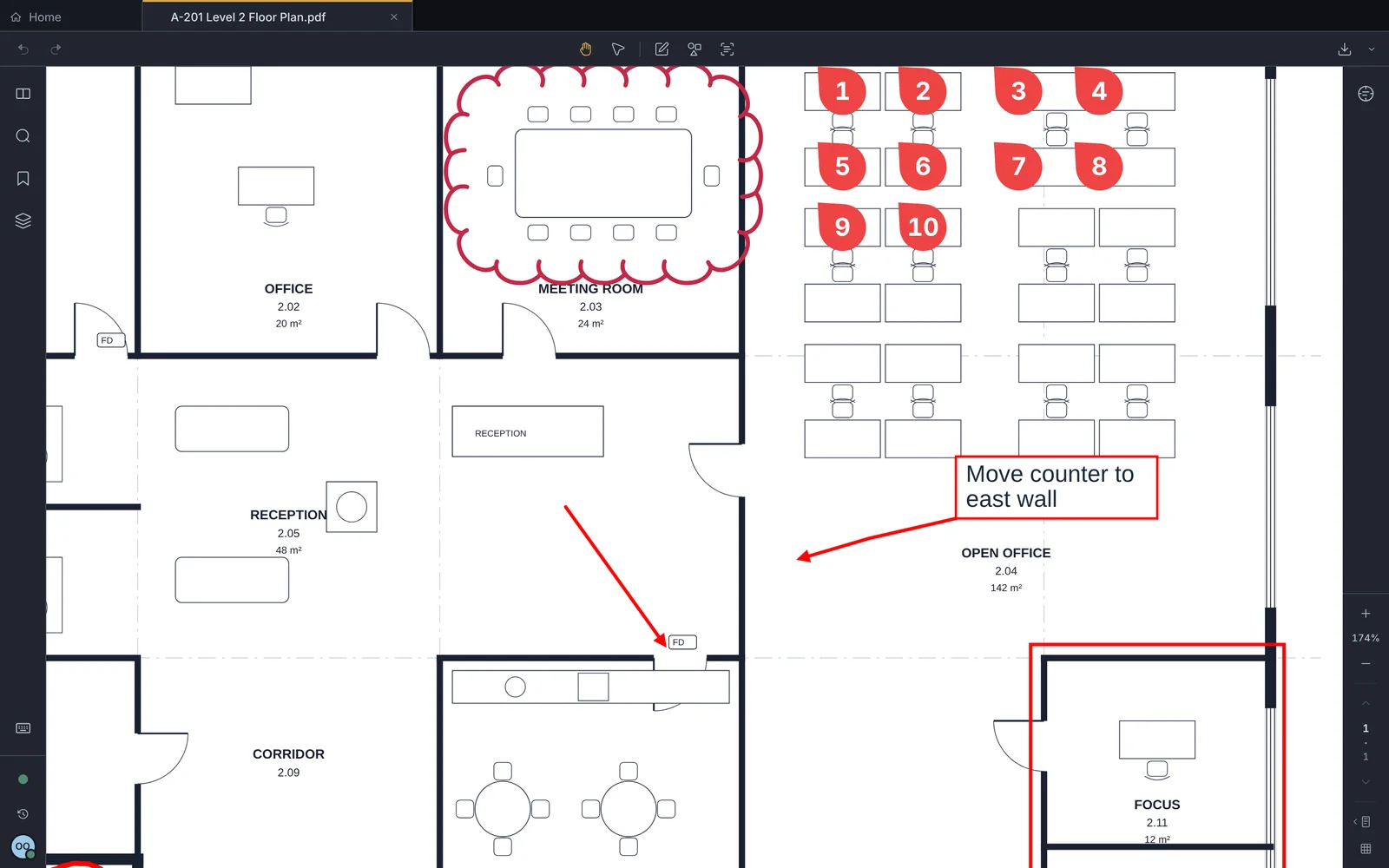 Survey with a marked-up floor plan: a revision cloud around the meeting room, numbered count markers on the desks, an arrow to a fire door and a callout that says Move counter to east wall