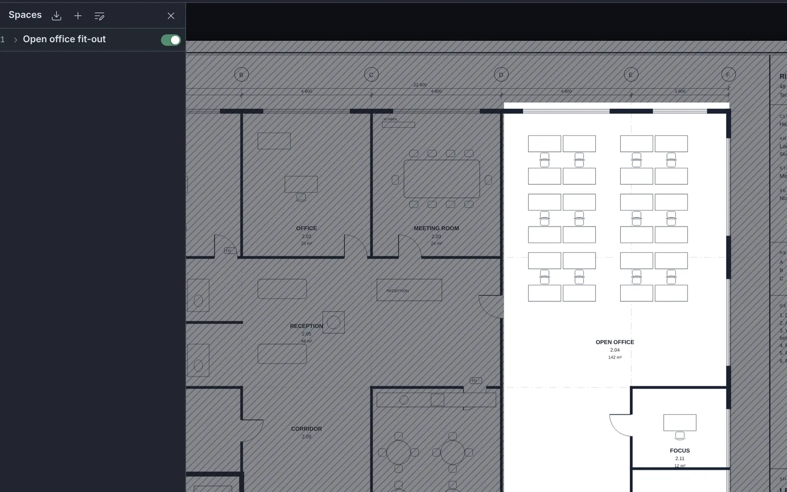 A floor plan with a space turned on: the open office stays clear while the rest of the sheet is dimmed with a grey hatch