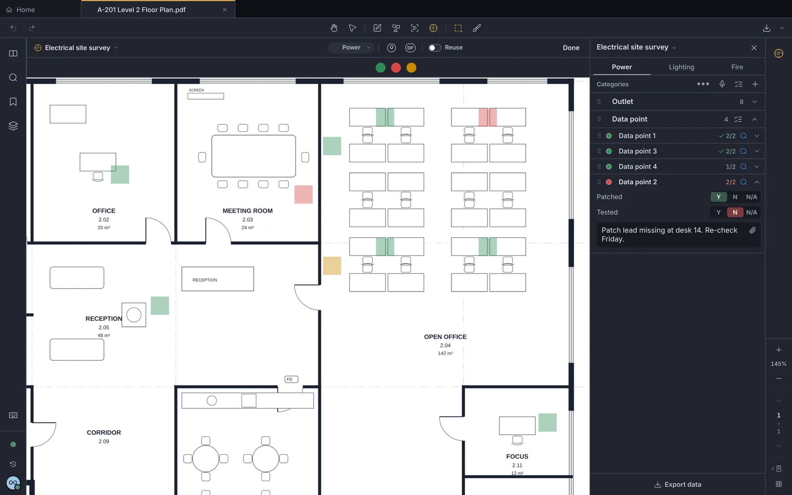 Survey with a floor plan on the left and the survey panel on the right: outlets and data points marked on the plan, and Data point 2 answered Patched Y, Tested N, with the note "Patch lead missing at desk 14. Re-check Friday."