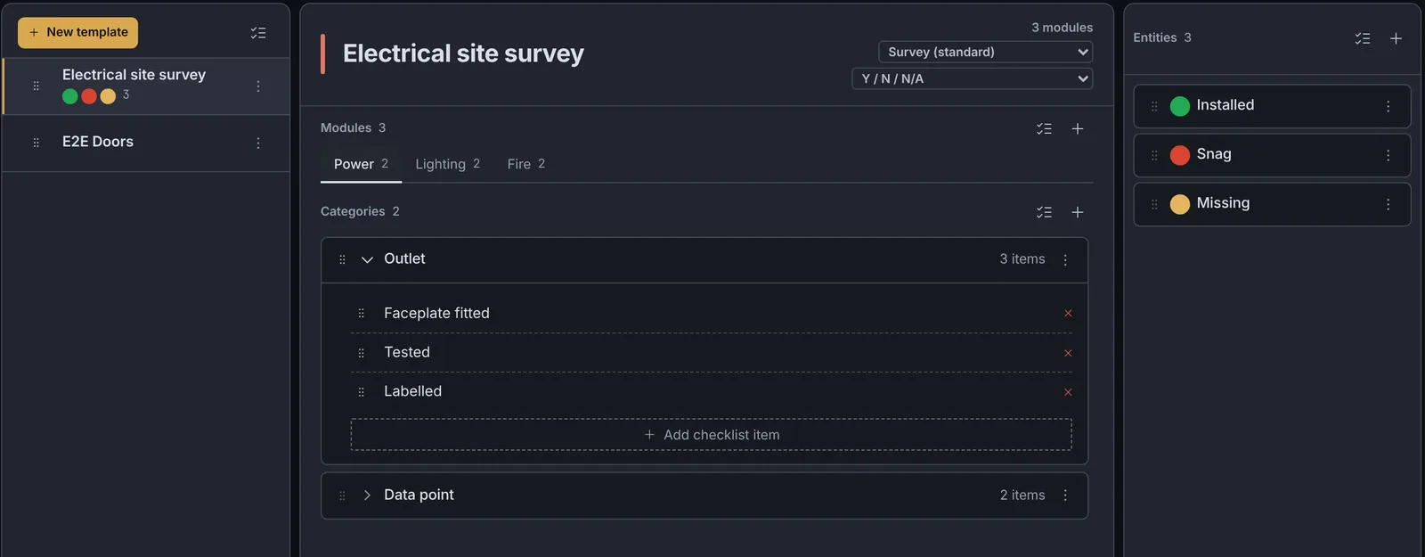 The template editor: Electrical site survey with Power, Lighting and Fire modules, an Outlet checklist of Faceplate fitted, Tested and Labelled, and the tags Installed, Snag and Missing